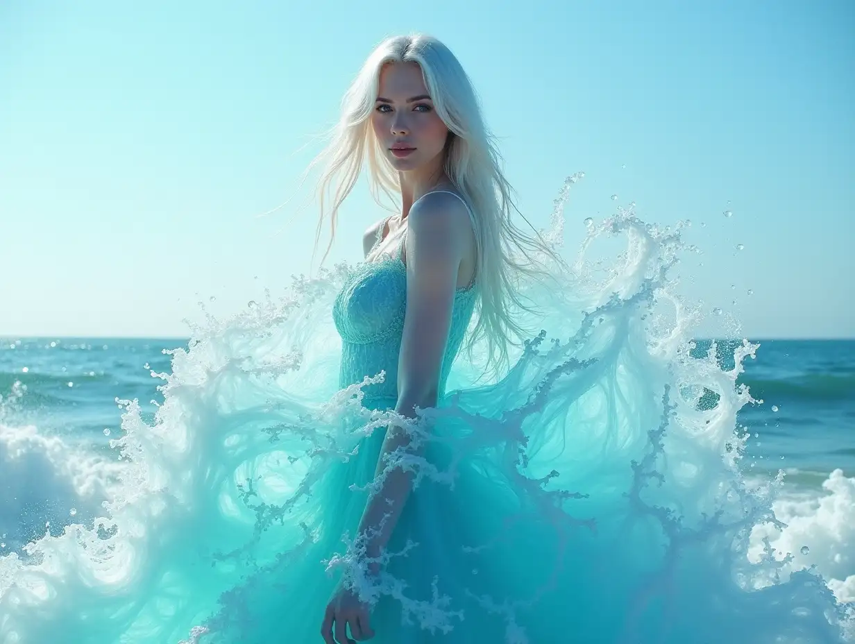 Stunning and surreal image of a beautiful, white, long, thick white hair, blue eyes, woman wearing an intricate transparent aqua dress made entirely of water waves, creating a mesmerizing and visually stunning effect. The woman is shown in a graceful pose on the seashore, and the water seems to flow over her body. This image can be created using the following vector. Woman in an elaborate aqua dress made entirely of crashing water waves, by Dmitry Kostanovich, Photoshop, Felicia Semyon, UHD image, Ekaterina Panikanova, Shiny and sparkling, HDR, Dynamic mode, 32 KB, Sharp focus, Illustration. by Sasan.