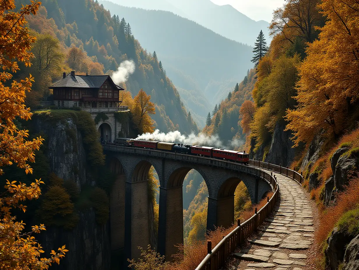 Autumn-Scenic-Mountain-Valley-with-Steam-Train-and-Luxurious-Chalet