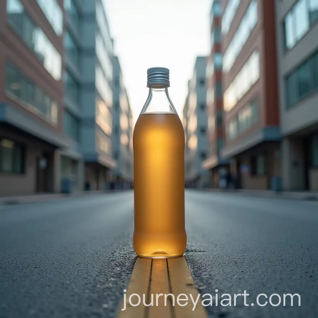 Urban-Scene-with-Bottle-on-Center-Road-and-Side-Buildings
