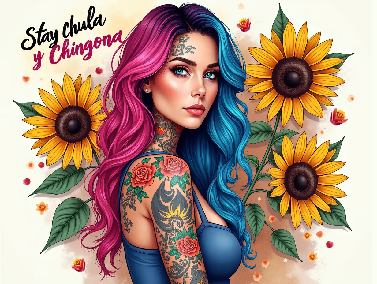 Watercolor art, Vector, vintage, seamless. A vibrant and bold illustration featuring a confident woman with striking multi-colored hair, predominantly pink and blue, cascading down her shoulders. She has numerous colorful tattoos that adorn her neck and arms, depicting roses and intricate floral patterns. The background is a dynamic mix of sunflowers in bright yellows and browns, surrounded by splashes of black and colorful accents. The text 'Stay Chula y Chingona' is prominently displayed in an eye-catching, stylish font, blending seamlessly into the design. The overall aesthetic is hyper-realistic with a vivid color palette, combining elements of graphic art and street art, evoking a sense of empowerment and individuality.