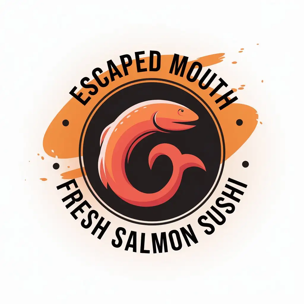 a vector logo design,with the text "escaped mouth fresh salmon sushi", main symbol:Design a circular logo, the circle represents perfect and complete. In the center of the circle, sketch a shape of a mackerel pike with simple lines, the body of the mackerel pike is slightly curved, showing dynamic feeling. The color of the mackerel pike is orange-red, representing fresh and delicious. In the body of the mackerel pike, cleverly incorporate the letter ‘G’. The shape of ‘G’ can be designed as the scale or fin part of the mackerel pike, neither abrupt nor losing brand characteristics. In the background of the logo, use a faint orange circle halo to create a warm and energetic feeling. At the same time, decorate around the mackerel pike with some small orange dots, adding detail and level. The font of the logo adopts a simple sans-serif font, the color is white or black, forming a stark contrast with the color of the mackerel pike, highlighting the brand name ‘Escape Fresh’. The overall design is simple and atmospheric, showing the characteristics of mackerel pike, and incorporating the letter ‘G’ and orange elements, meeting the positioning and needs of the brand. Simple and atmospheric style,Minimalistic,be used in Retail industry,clear background