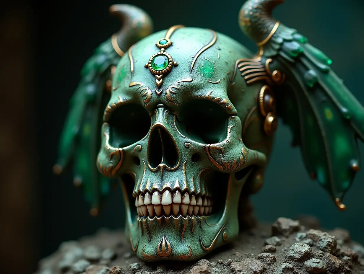 Cyber Totenkopf mit Glasaugen, Porzellan with Emerald Ornaments Steampunk 100 mm Capture