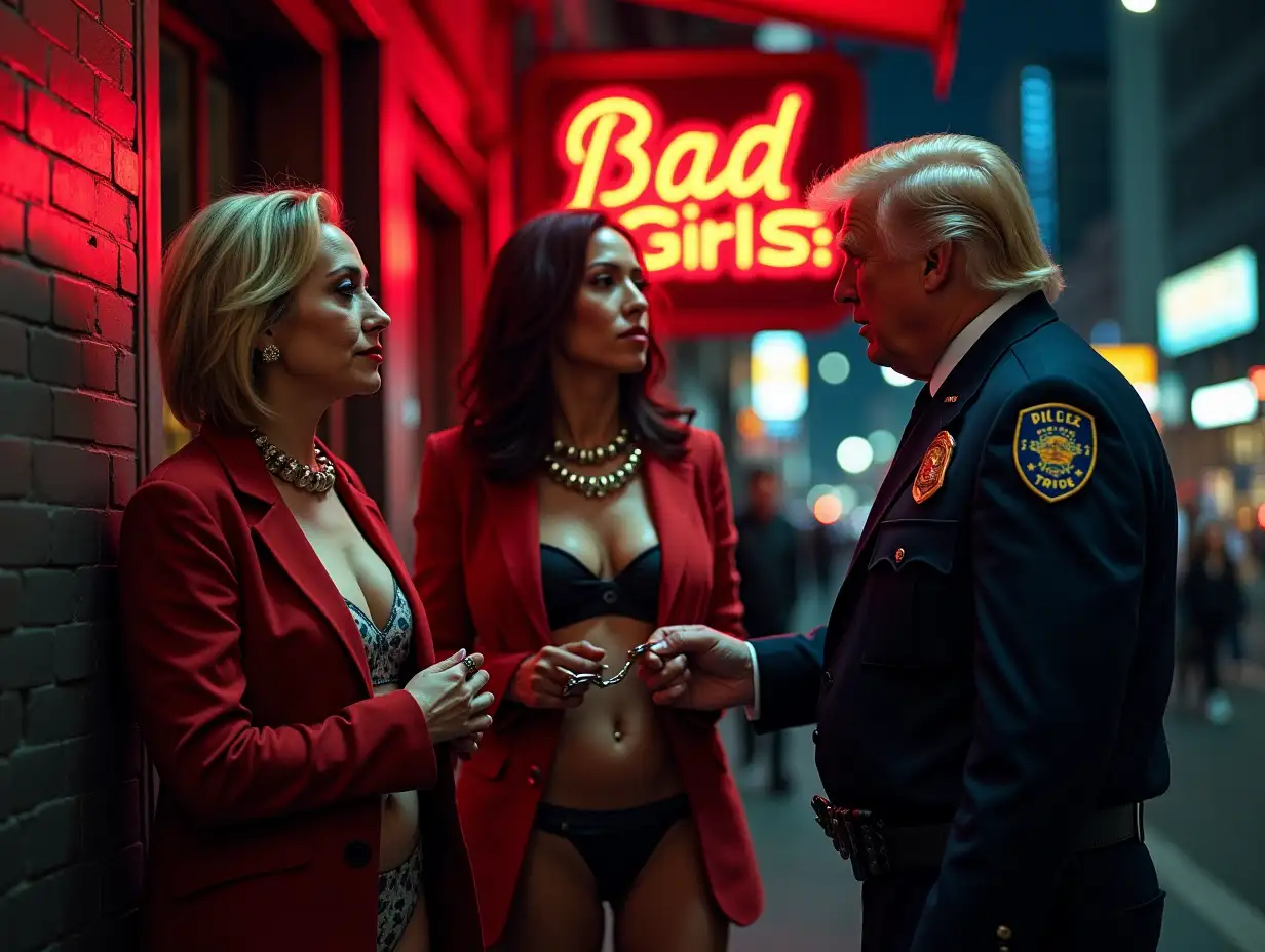 Hillary-Clinton-and-Kamala-Harris-in-Neonlit-NYC-Scene-Arrested-by-Trump-as-Cops