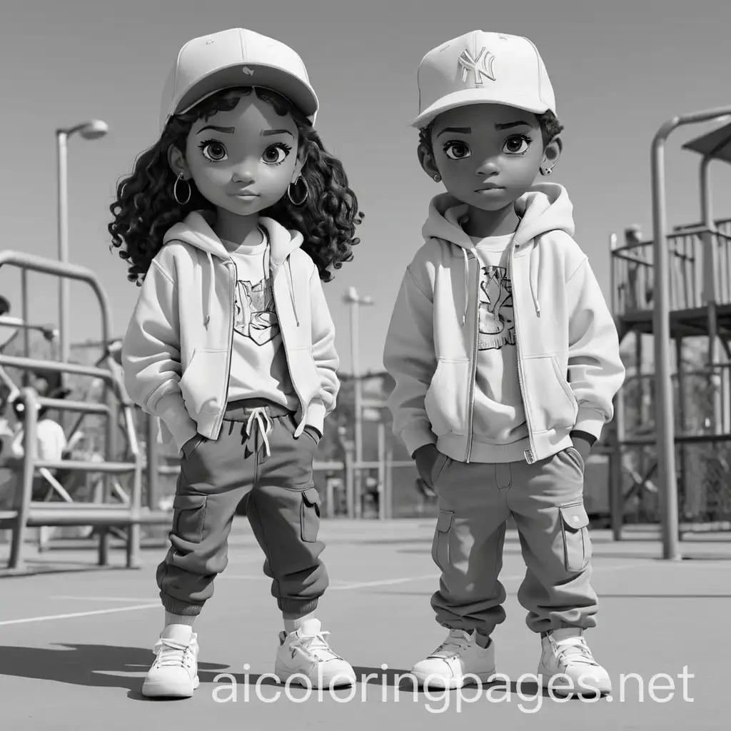 Hip-Hop-Kids-Coloring-Page-at-Playground-Black-and-White-Line-Art