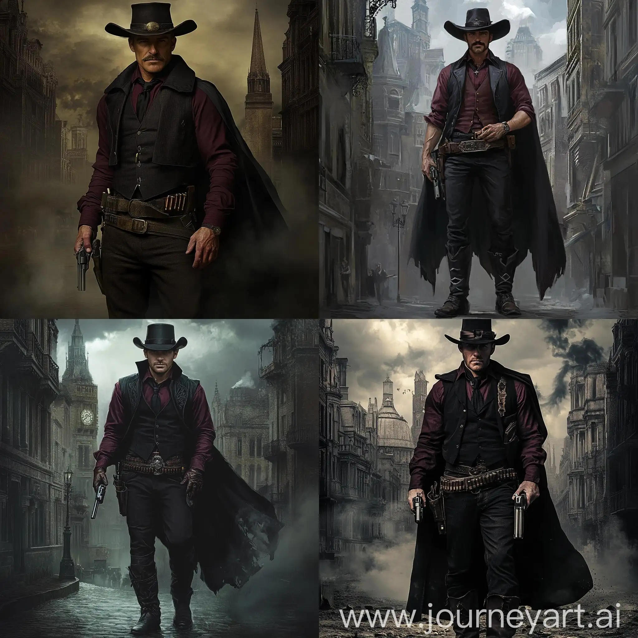 Victorian-Gothic-Cityscape-with-Armed-Man-in-Burgundy-Shirt-and-Cloak