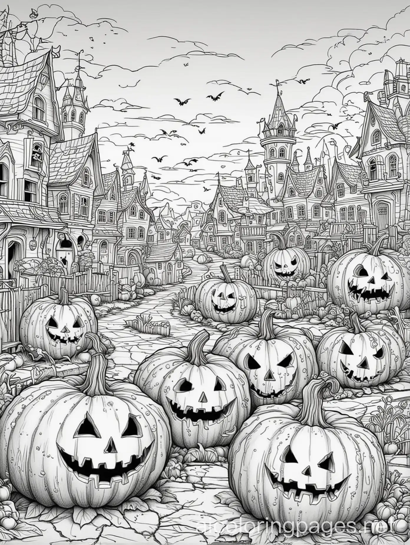 Detailed-Scary-Pumpkins-in-Town-Coloring-Page