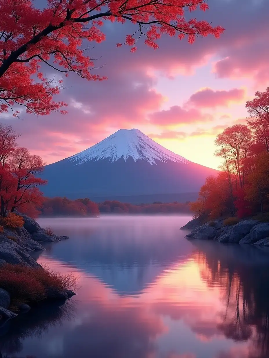 A high-resolution scene capturing Mount Fuji during the transition from night to dawn in autumn. The sky is painted in a mesmerizing gradient of deep purples and soft oranges as the first light of the sun rises over the horizon. The iconic snow-capped peak of Mount Fuji is framed by vibrant autumn foliage in shades of red, orange, and yellow, adding warmth to the composition. A serene lake at the mountain’s base mirrors the breathtaking colors of the sky and the silhouette of Mount Fuji, with a soft mist hovering over the water, evoking the crispness of an autumn morning. The image exudes tranquility and the fleeting beauty of fall in vivid, lifelike detail.