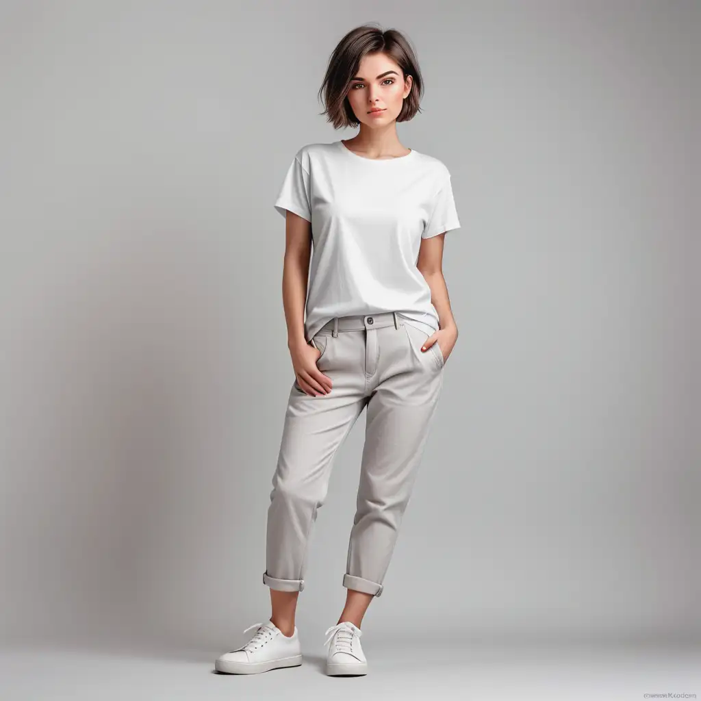 a realistic mockup photo, a female model with short hair wearing a white plain t-shirt, matching pants and shoes, trendy outfit, against a light gray background. HD image, taken with Canon camera from the front and back