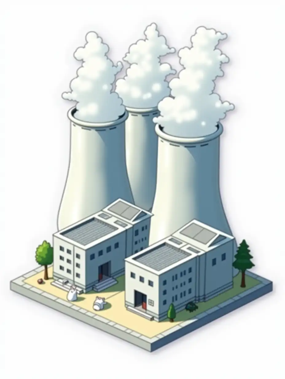 isometric vector sticker:  two cylindrical  industrial buildings of silver color with cylindrical roofs on top, behind them 3 large cooling towers of light gray-silver color, clouds rise from the cooling towers. There are small white cats in office clothes nearby. The overall image mimics the appearance of a cut-out laminated sticker, the sticker is bright in the anime style. The overall image mimics the appearance of a cut-out laminated sticker, the sticker is bright in the anime style.  die cut sticker design top-view, high resolution, vector art,  white background, paint in anime style