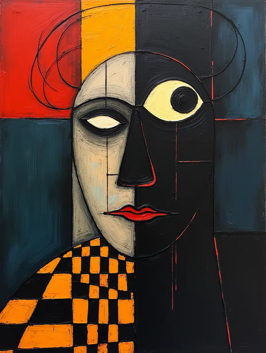 user_prompt: Checkered pattern, striped, primitively schematic minimalism, face, giant looming eye, darkness in the style of Kandinsky, Malevich, minimalism, simplify for a beginner artist with acrylics and many colors, constructivism abstract impressionism, dark, ominous