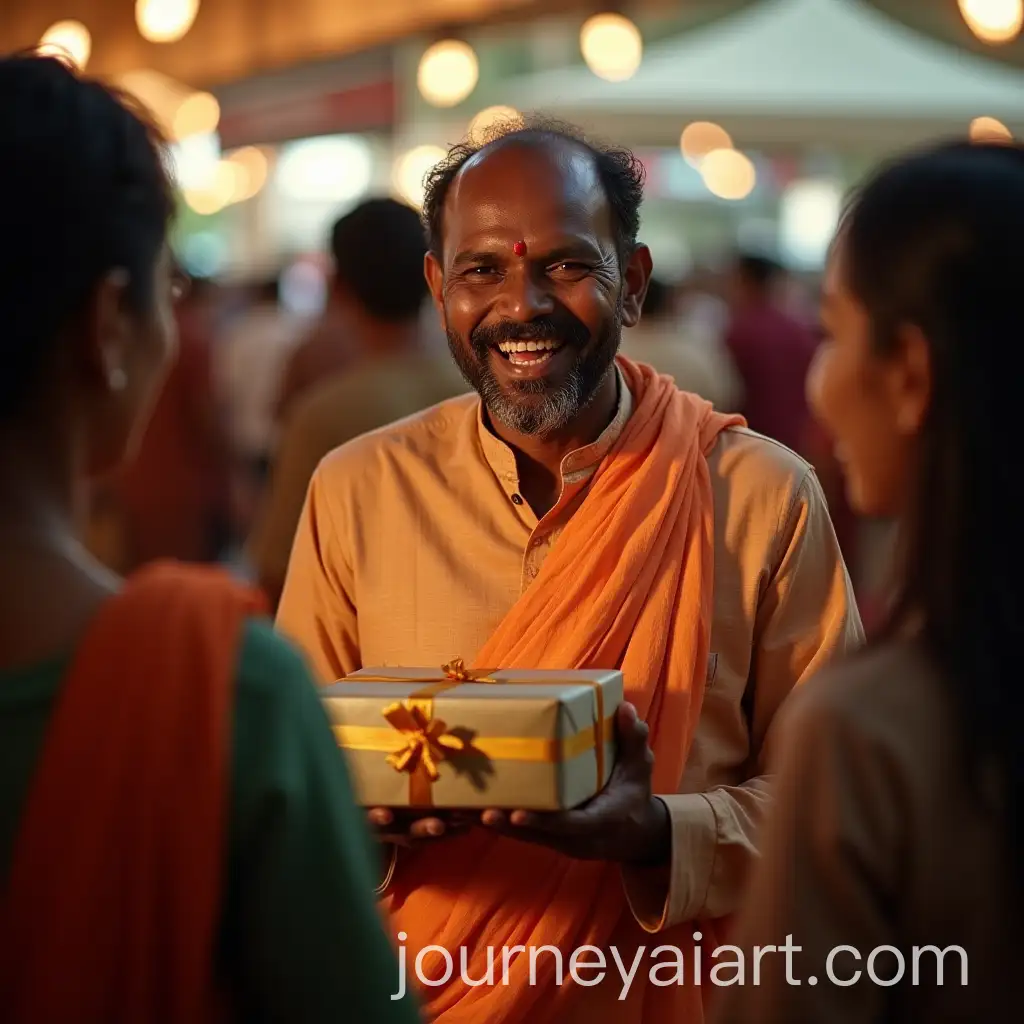 Indian-Man-with-Gift-in-Traditional-Attire-in-a-Bustling-Public-Setting