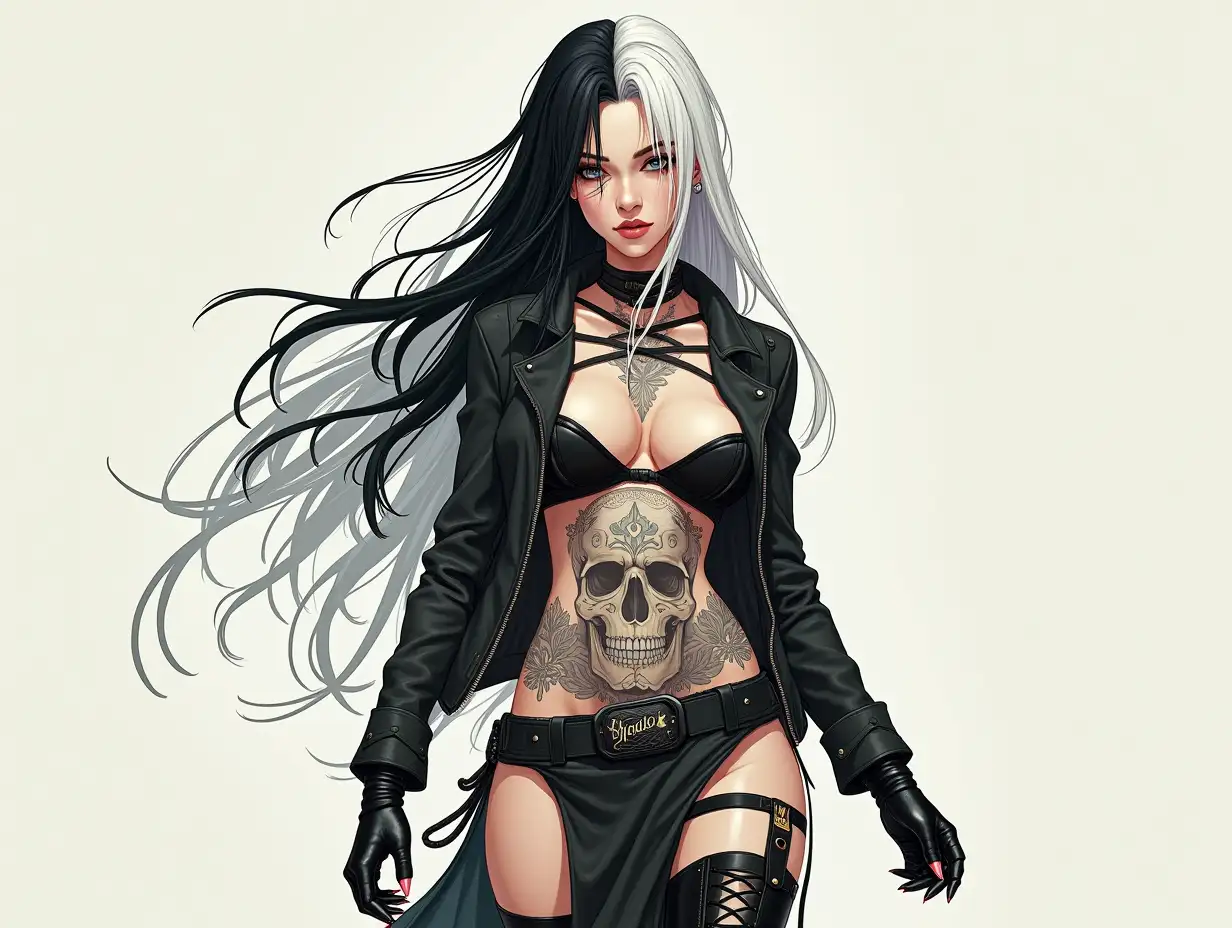 Depiction of a beautiful white woman with skull tattoos on her stomach and long mixed white-black hair in a futuristic style and laced boots