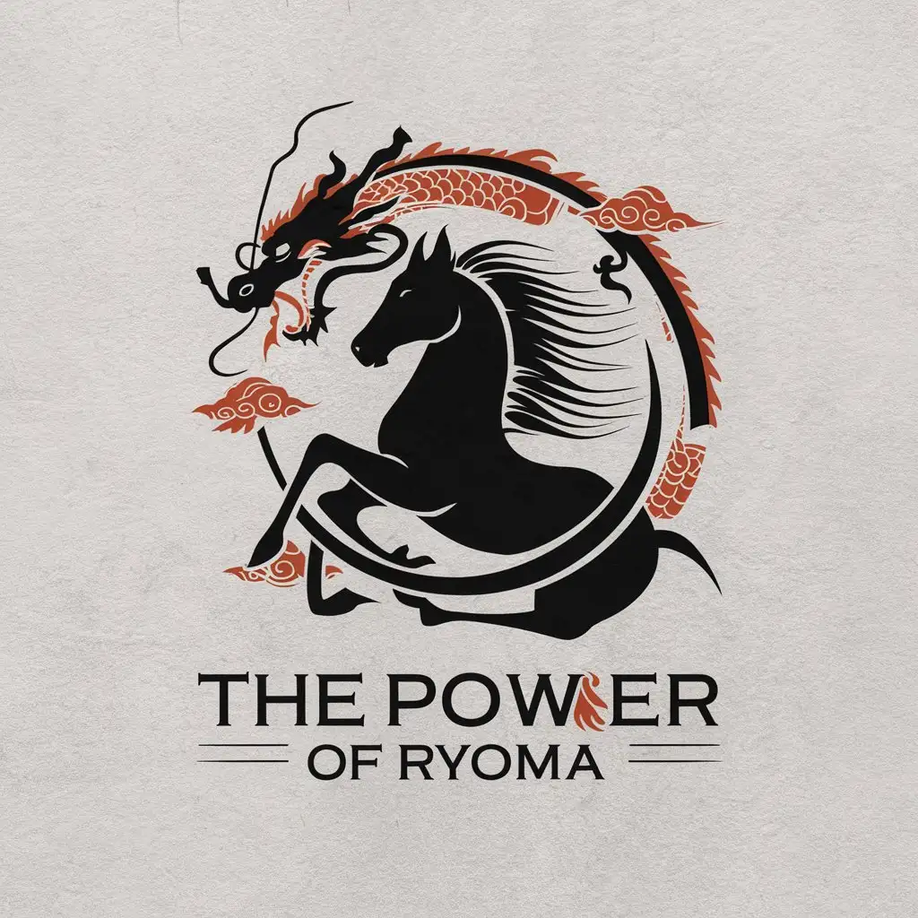 a vector logo design,with the text "The power of Ryoma", main symbol:A black horse with grace and beauty, surrounded by a dragon with auspicious clouds. The lines of the horse should be filled with power and aesthetics, inspired by traditional Chinese ink painting, and the dragon's body looks like a ring around the horse.,Moderate,be used in Sports Fitness industry,clear background