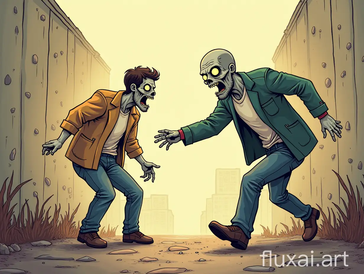 a zombie runs towards a man about 25 years old, in a hand-drawn style