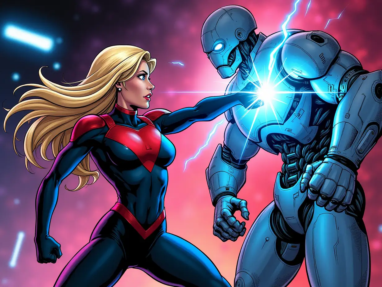 comic book illustration of a blonde super hero woman punching a robot, red and blue high tech costume, blue and purple energy