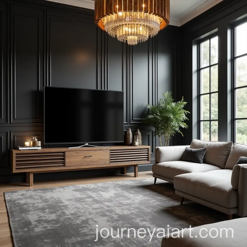 Rustic-Dark-Wood-TV-Stand-in-Modern-Elegant-Living-Room-with-MidCentury-Furniture
