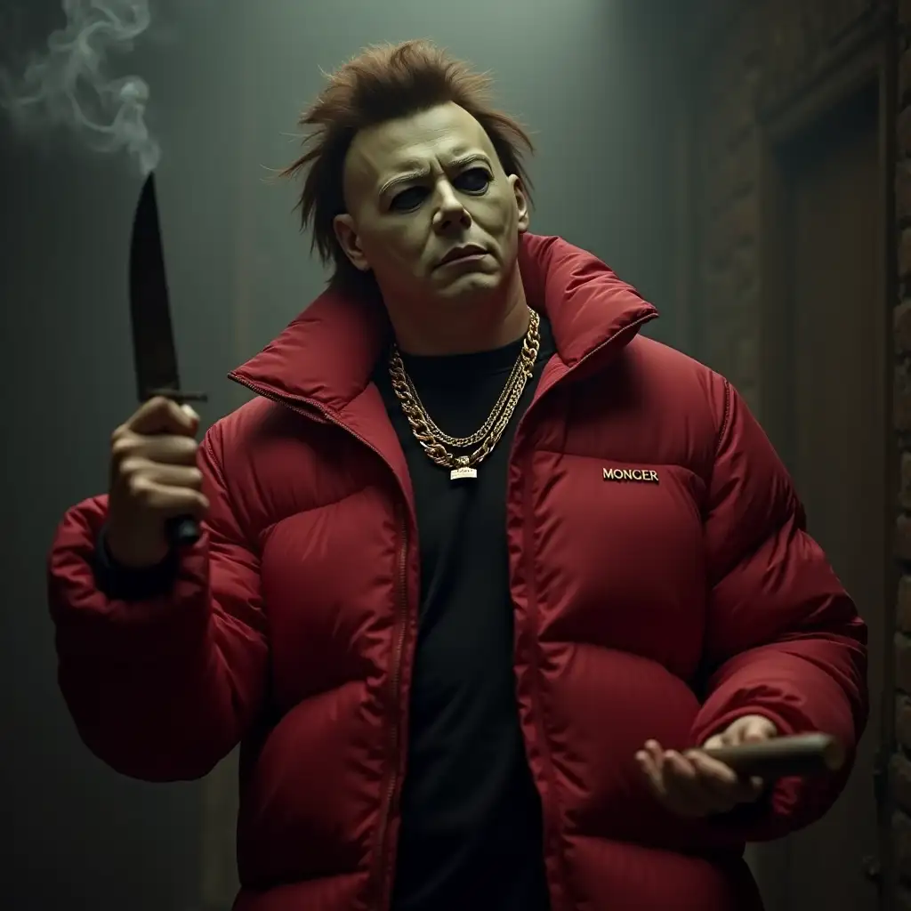 Michael Myers, he wears a red Moncler puffer jacket, he holds a butcher's knife, in the other hand he holds a big cigar, he wears gold jewelry, smokey background, hellish background