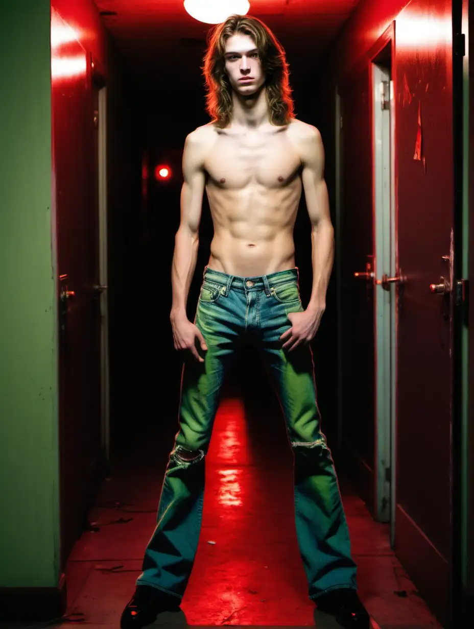 Young-Slender-Man-with-Golden-Brown-Hair-in-Dark-Corridor-with-Red-Lighting