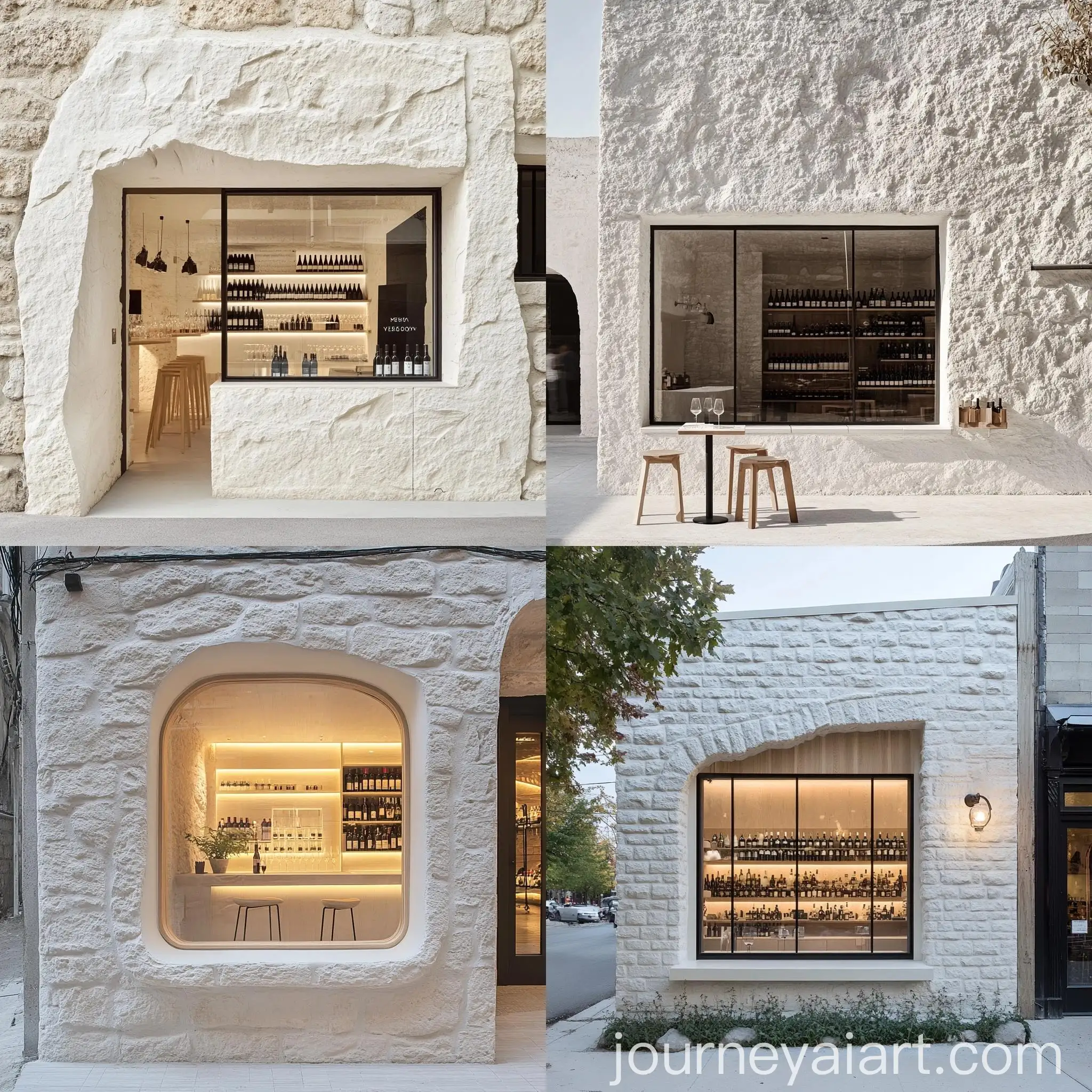 Modern-Wine-Store-Front-with-White-Washed-Stone-Facade-and-Wine-Window