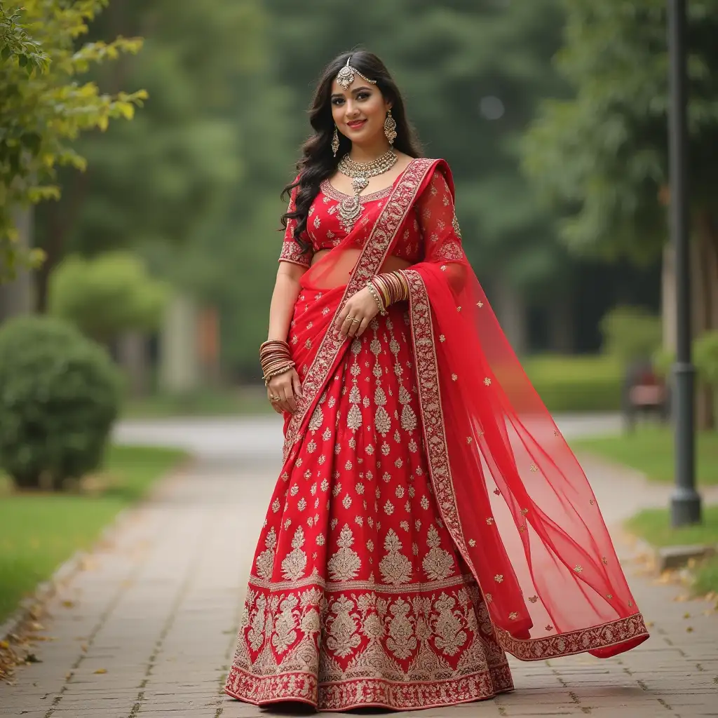 23 years old, good curves and figure standing, full body portrait, wearing half saree lehenga, jewelry, earrings, outdoor photoshoot, ((half saree lehenga))