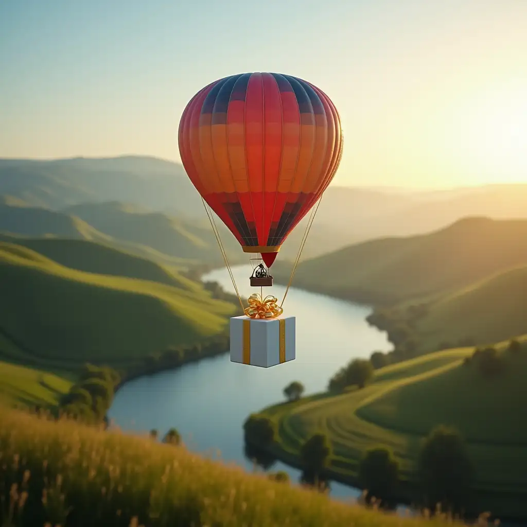 Photorealistic image shot on Canon EOS R6 with 24mm lens of peaceful countryside with winding river flowing through green hills bathed in morning light. Beautiful multicolored hot air balloon is flying above the landscape in the foreground, golden strings are hanging from the balloon and a white thick gift box is suspended from the strings, the box is empty, there is nothing on it