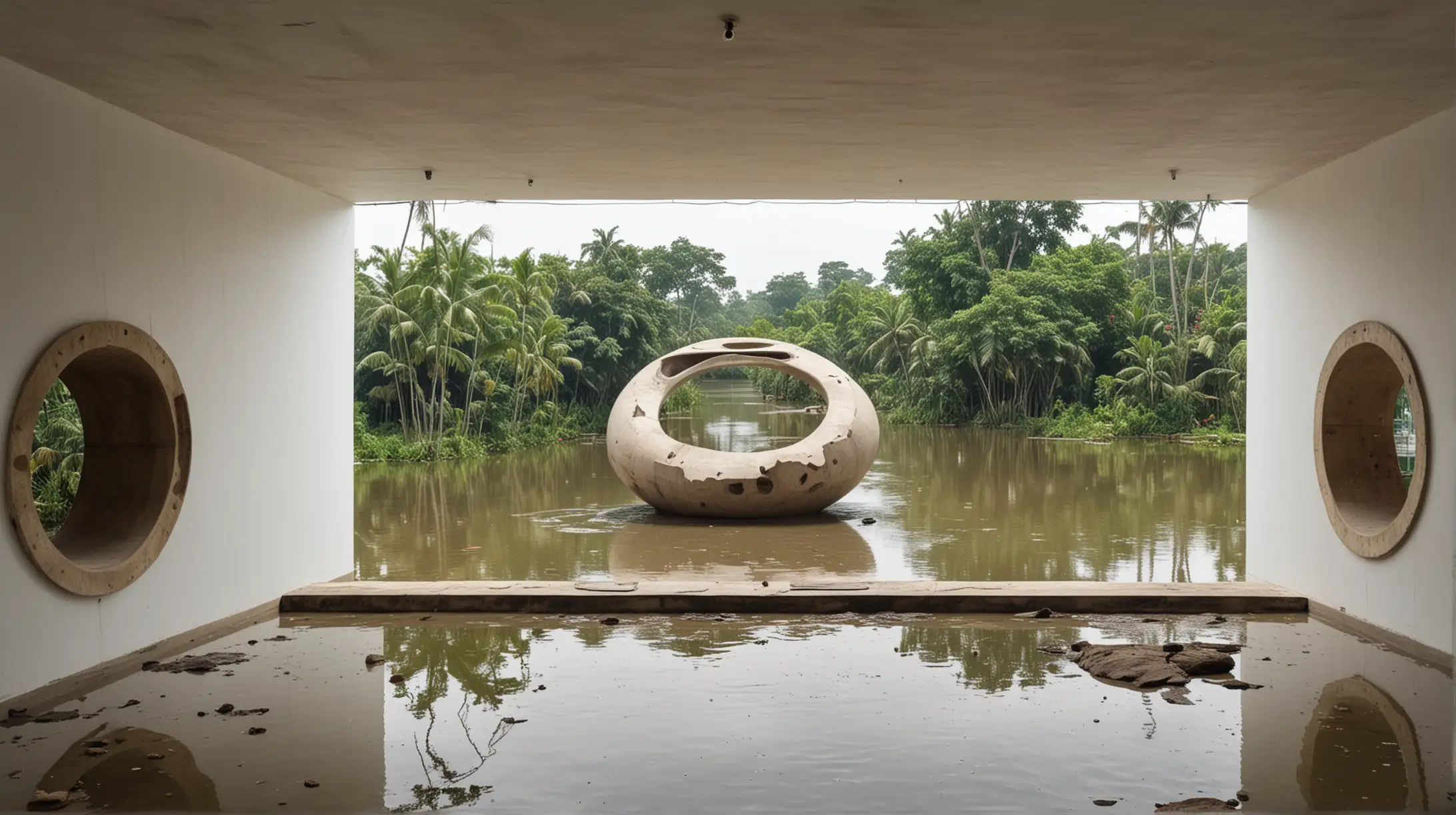 Contemporary Gallery Interior with Giant Sculpture and Floodwater View