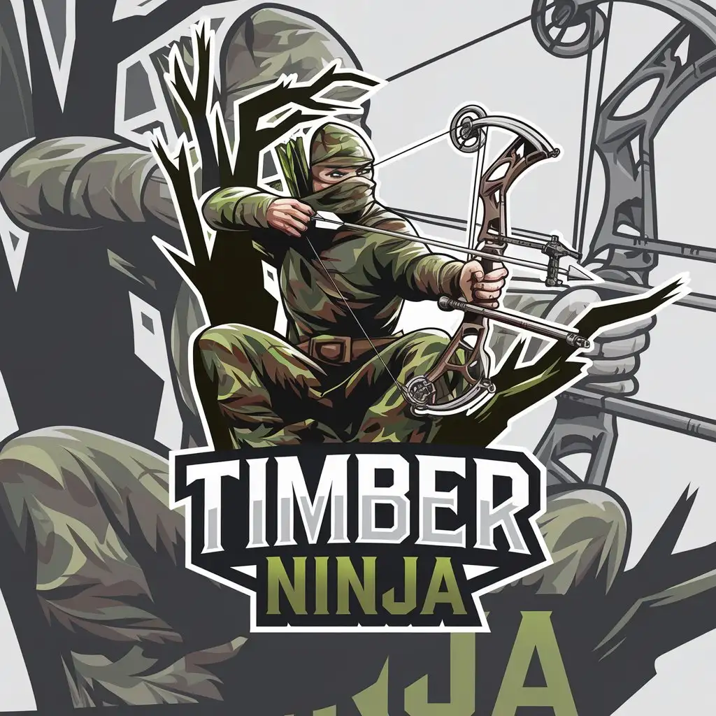 LOGO Design for Timber Ninja Camouflage Ninja with Compound Bow in Tree Top