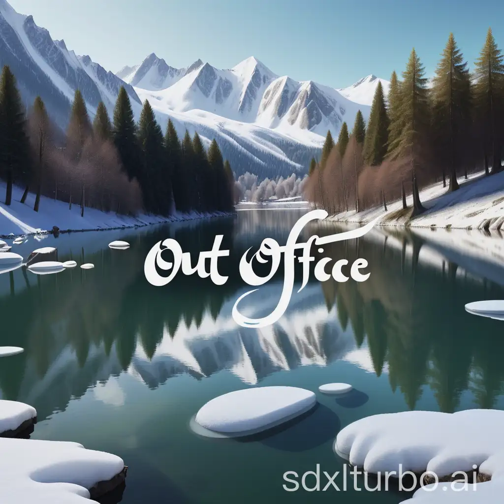 Calligraphy-Out-Of-Office-Floating-Over-Alpine-Lake-with-SnowCovered-Mountains