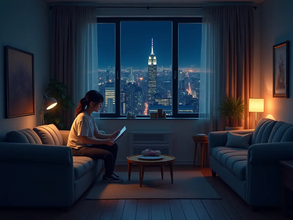 Character: A young female white-collar worker living alone, Scene: The living room of a small apartment, Outside the window: Night falls on the bustling city lights, Painting: A painting depicting the city night scene