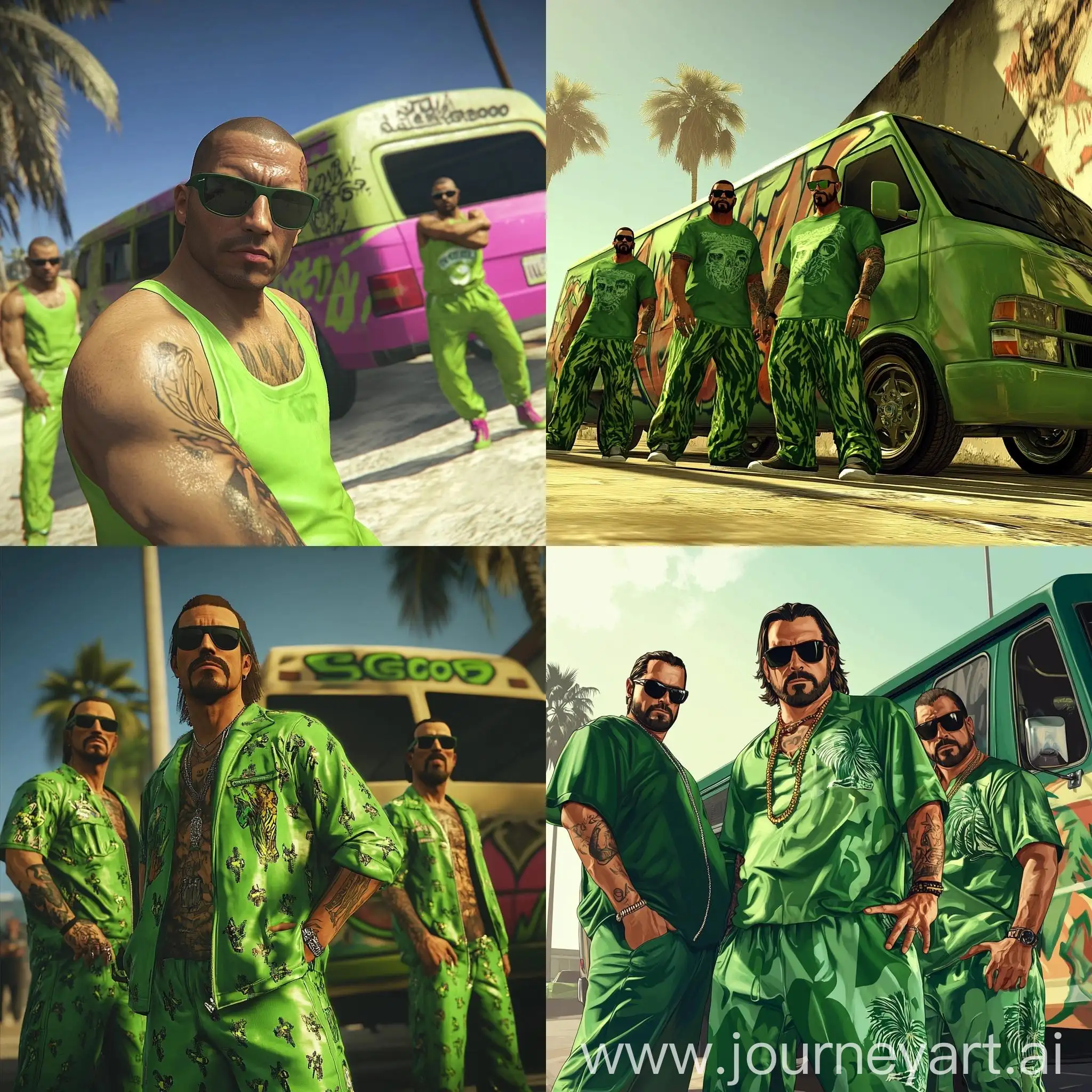 Three-Bandits-in-Green-Clothing-Discussing-Near-Speedo-Van