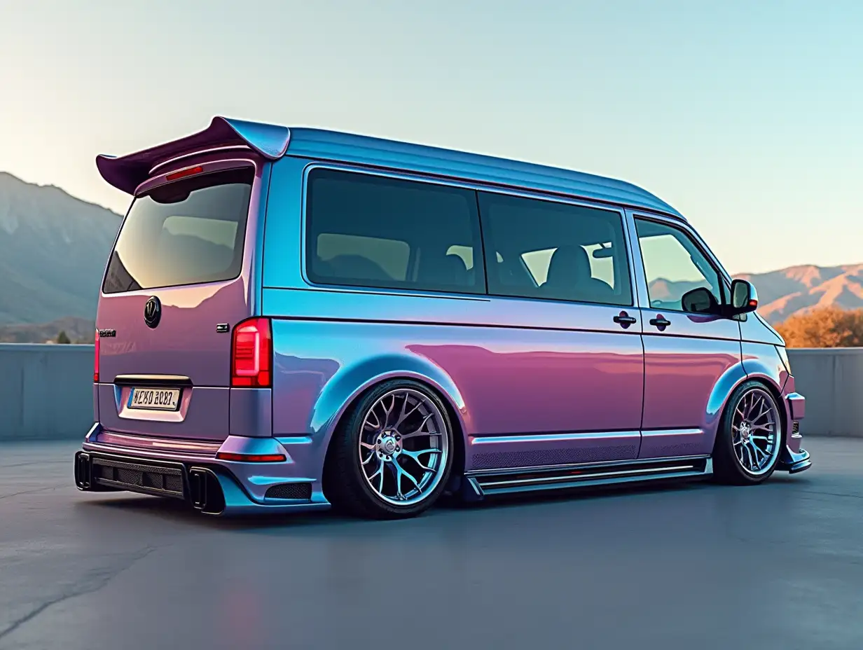 Create a minibus with spoilers, lowered, aluminum wheels, mother of pearl color, cyberpunk body