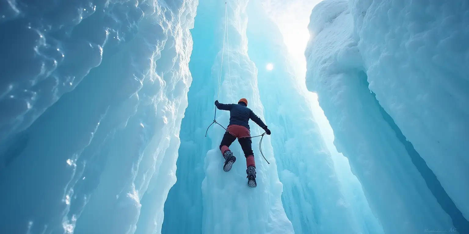 Man Climbing Vertical Ice Wall in Sparkling Ice Empire