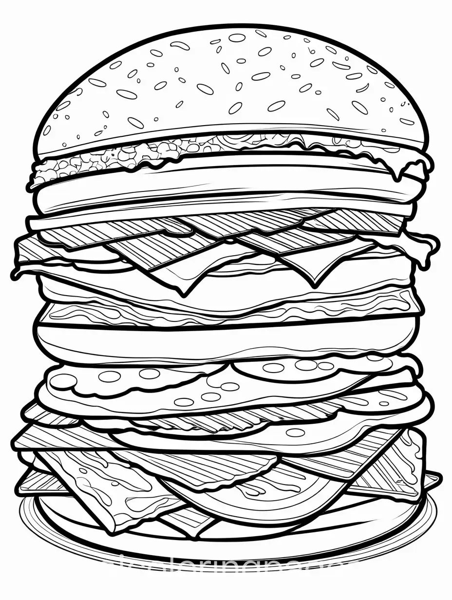 Cheeseburger-Pizza-Coloring-Page-Black-and-White-Line-Art