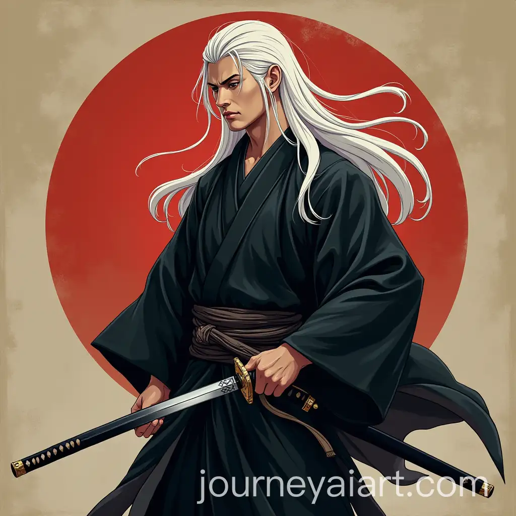 Japanese-Swordsman-in-Black-Kimono-with-Long-White-Hair-in-Traditional-Setting