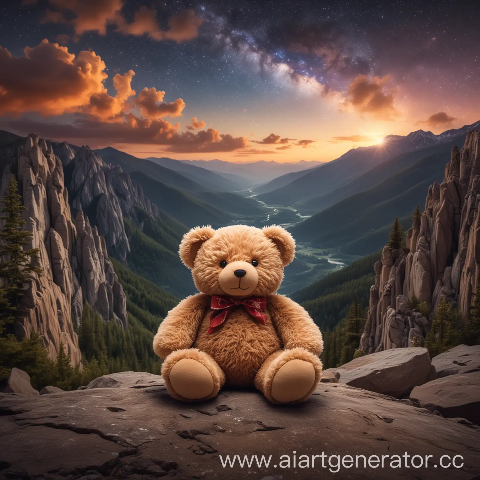 Teddy-Bear-on-Mountain-with-Astral-Sky-Background