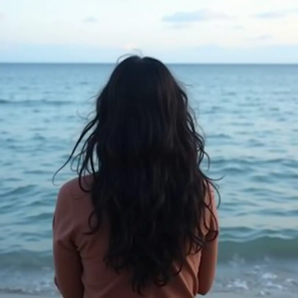 Woman-with-Black-Hair-Looking-Out-at-Sea-View-from-Behind