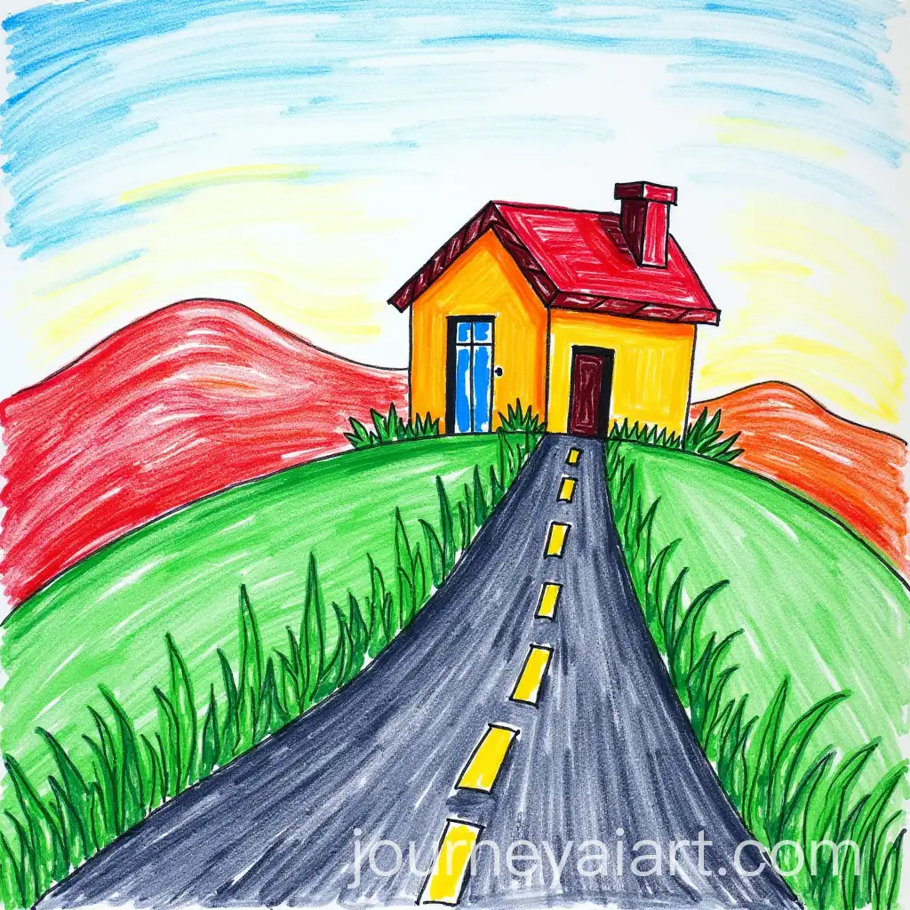 Bold-Crayon-Artwork-of-a-House-on-a-Hill-with-Road