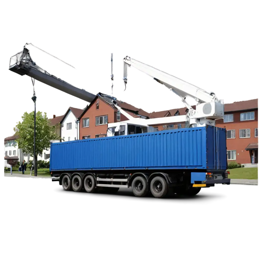 Realistic-4K-PNG-Image-of-White-Truck-with-Crane-Lifting-Blue-Container-in-Urban-Setting