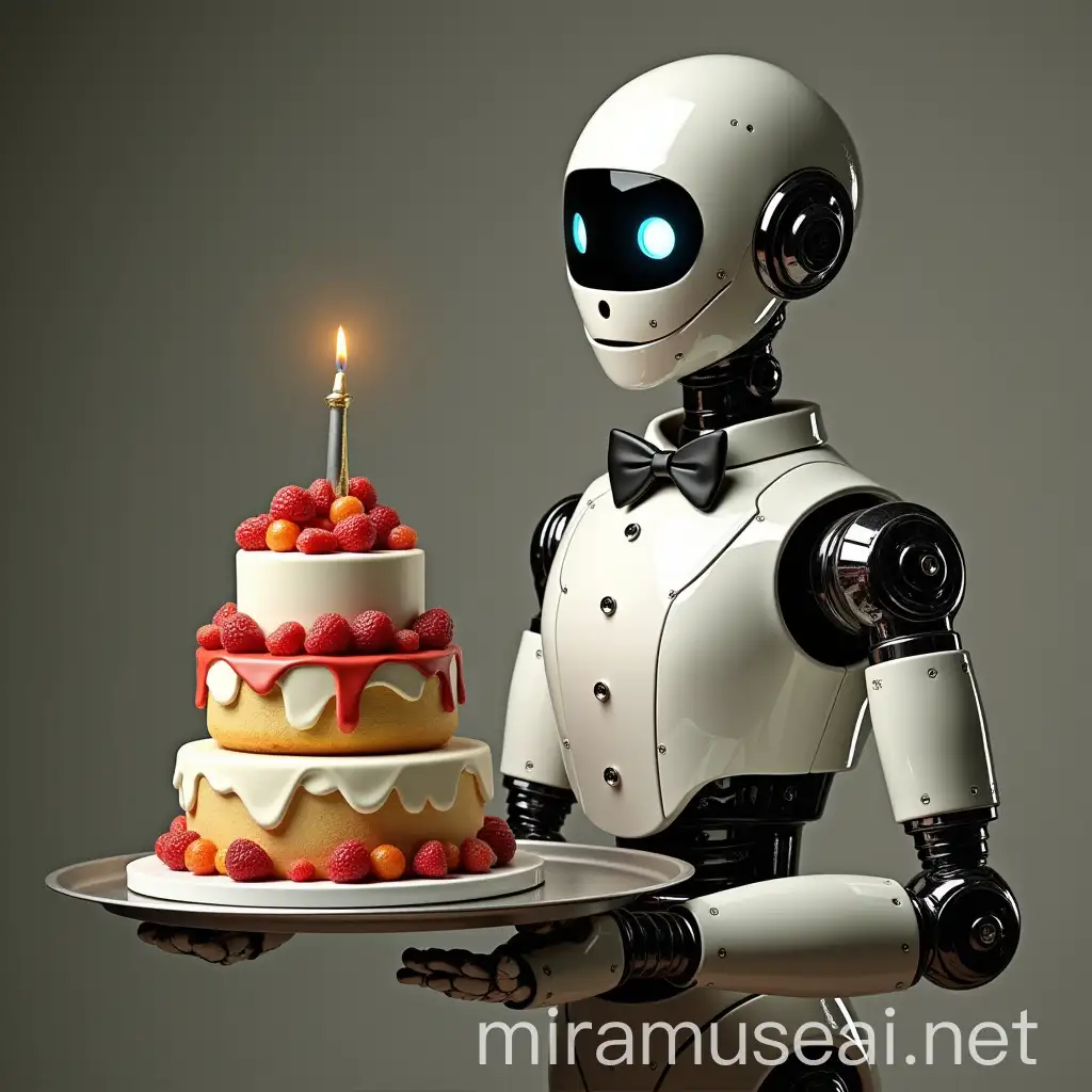 Robot Butler Presenting Elegant ThreeTier Cake on Tray