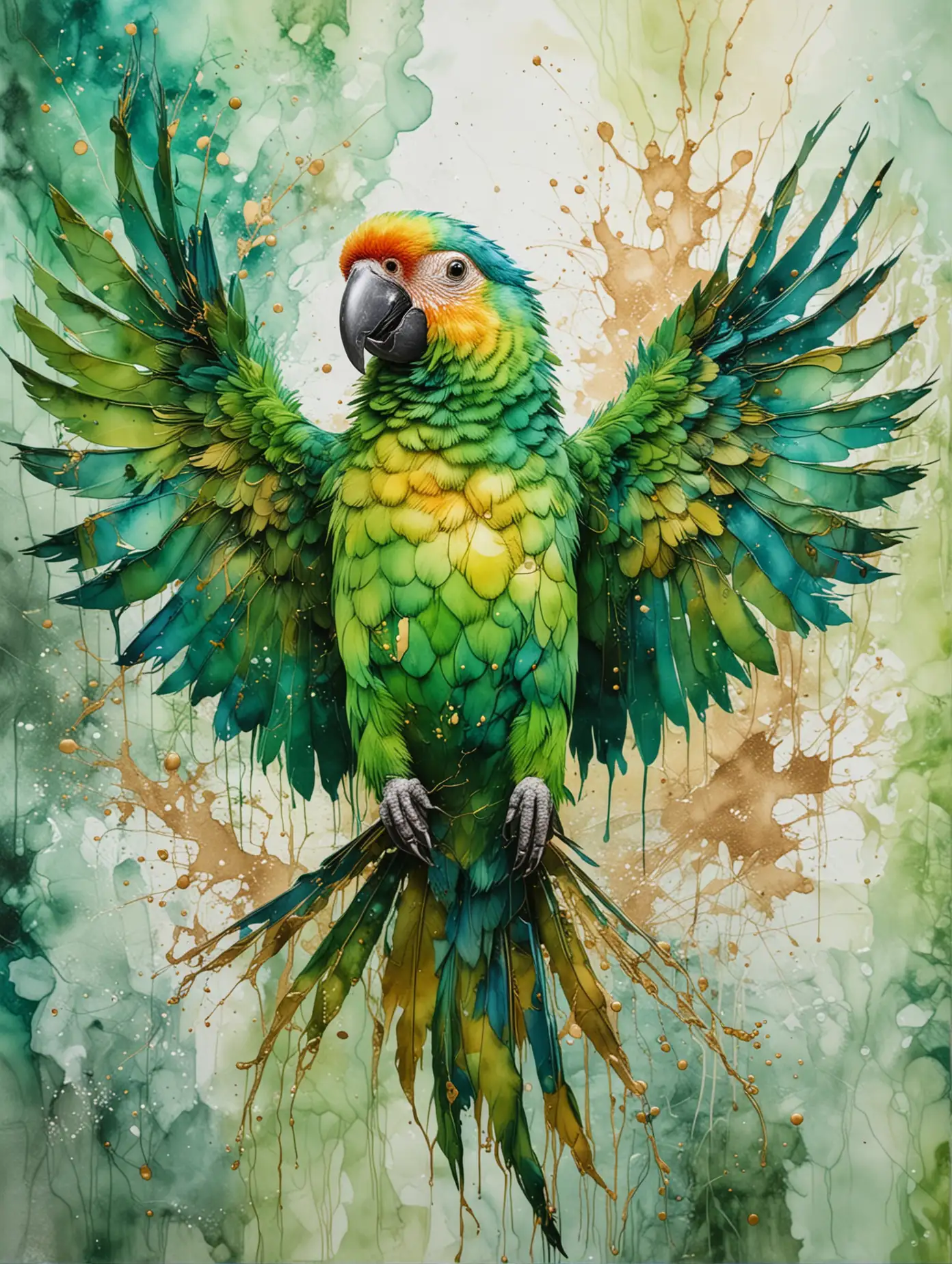 Vibrant Green Parrot Alcohol Ink Painting with Abstract Splashes and Golden Accents