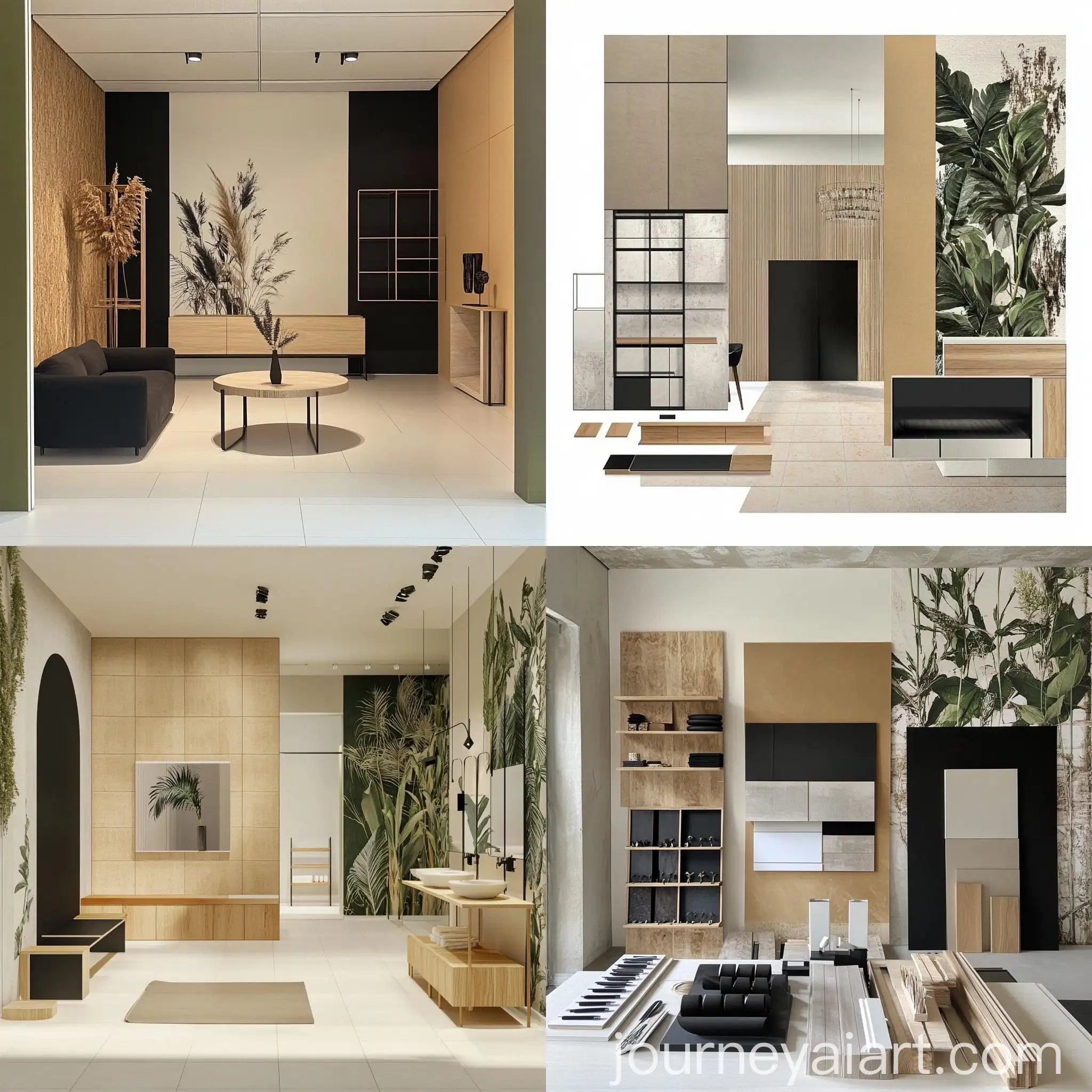 Spacious-and-Modern-Showroom-with-Botanical-Wallpaper-and-Textured-Wood-Walls