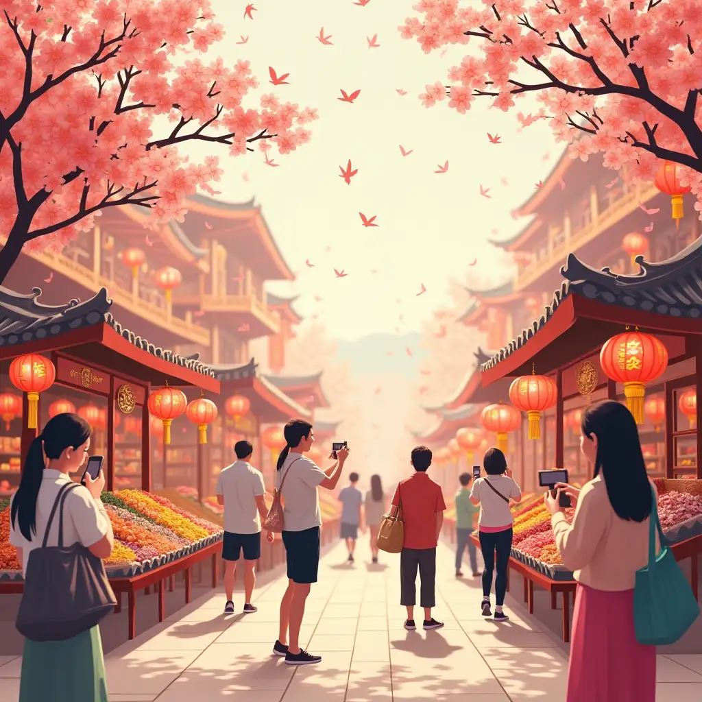 a painting of Vietnamese Tet day with flower stalls, candy, people holding peach blossoms, people taking photos, Tet decorations, fashionable, lively, modern