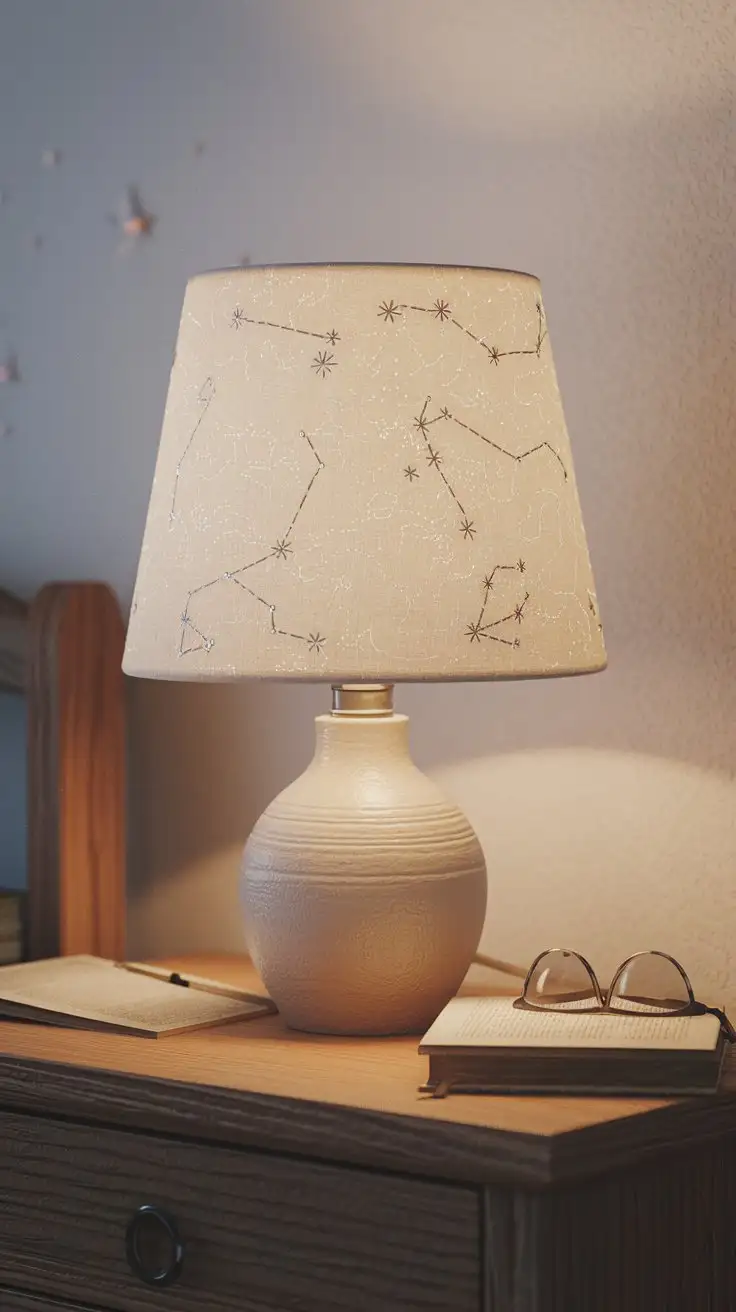 Elegant-Embroidered-Table-Lamp-with-Constellations-and-Warm-Lighting-on-a-Wooden-Nightstand