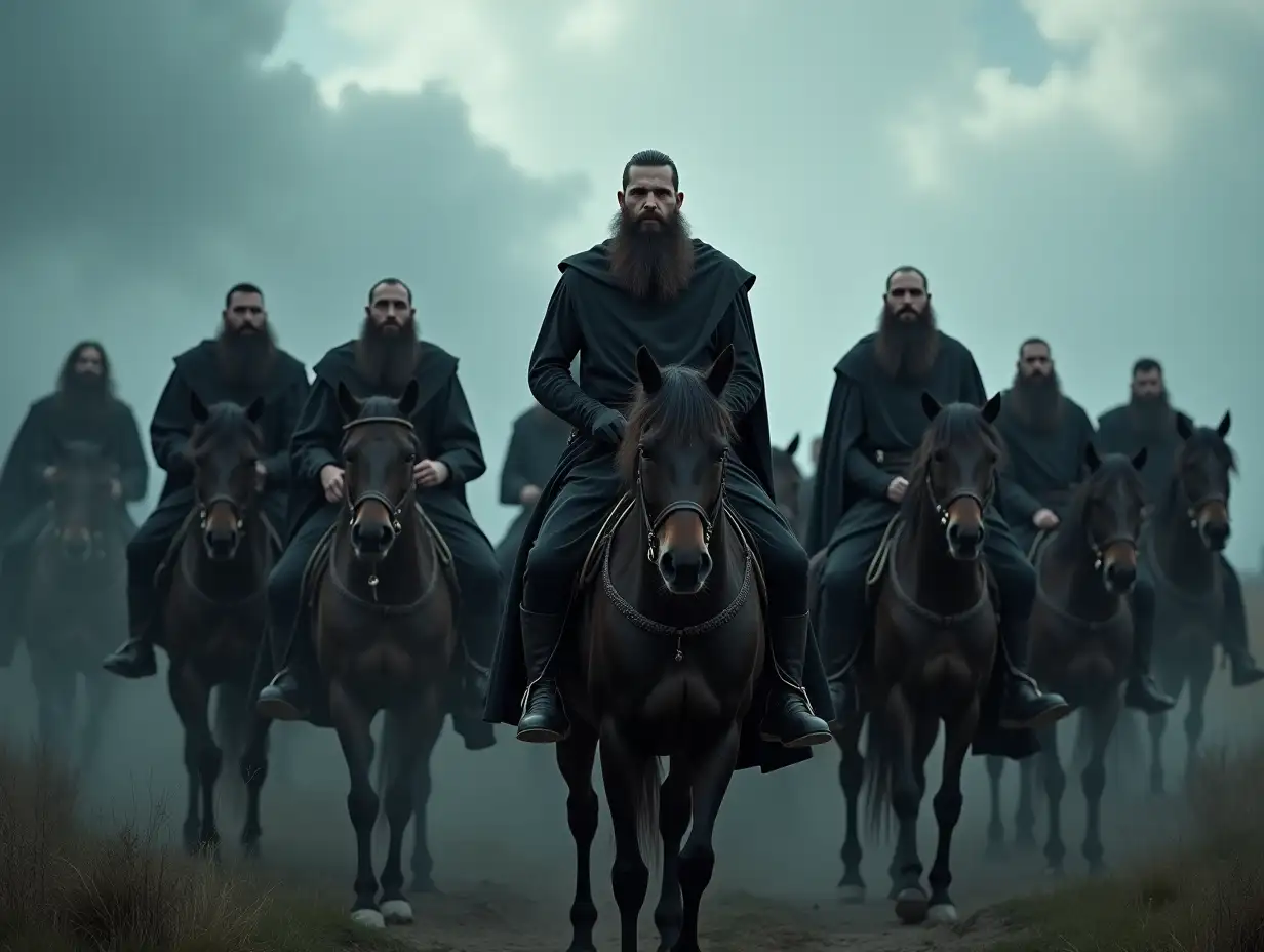 Menacing-Bearded-Lezgin-Warriors-on-Proud-Horses-in-Dramatic-Stormy-Landscape