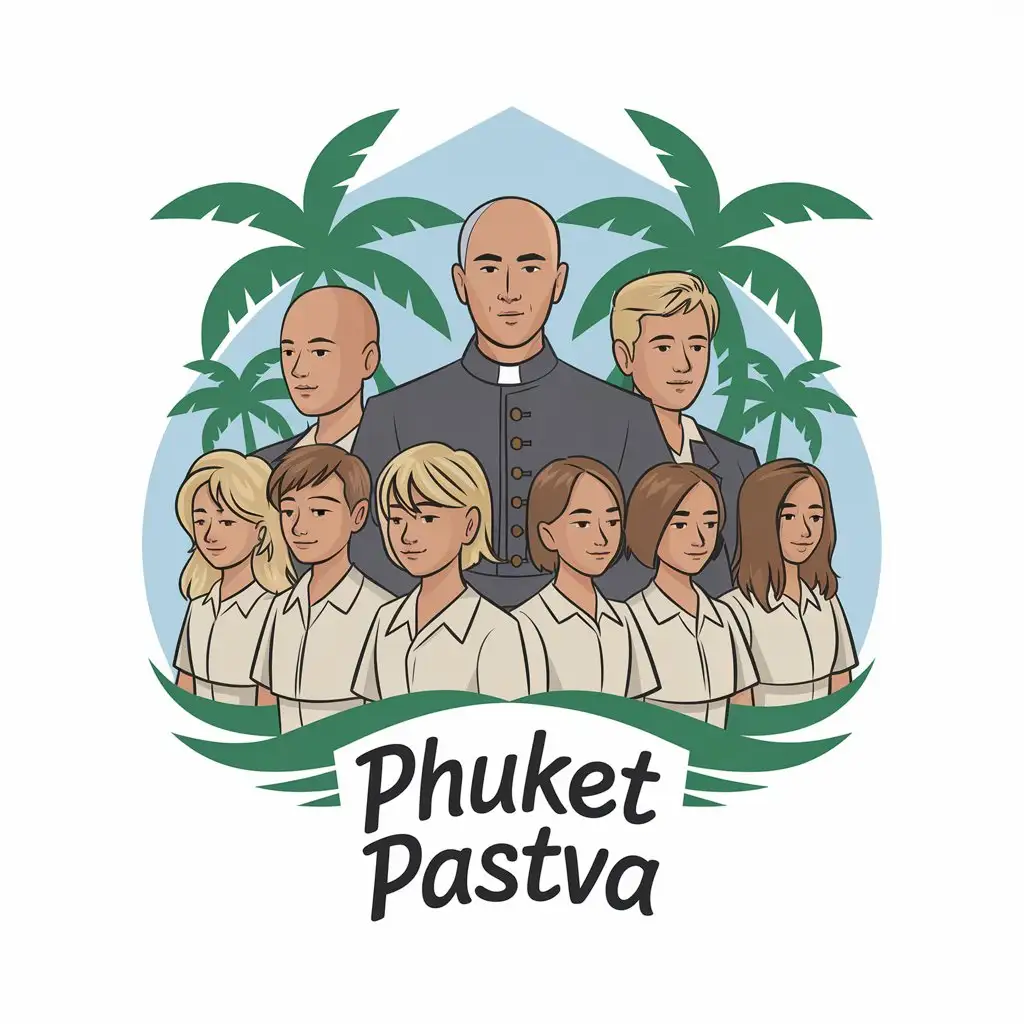 LOGO Design for Phuket Pastva Vector Logo with Bald Priest and Group of People