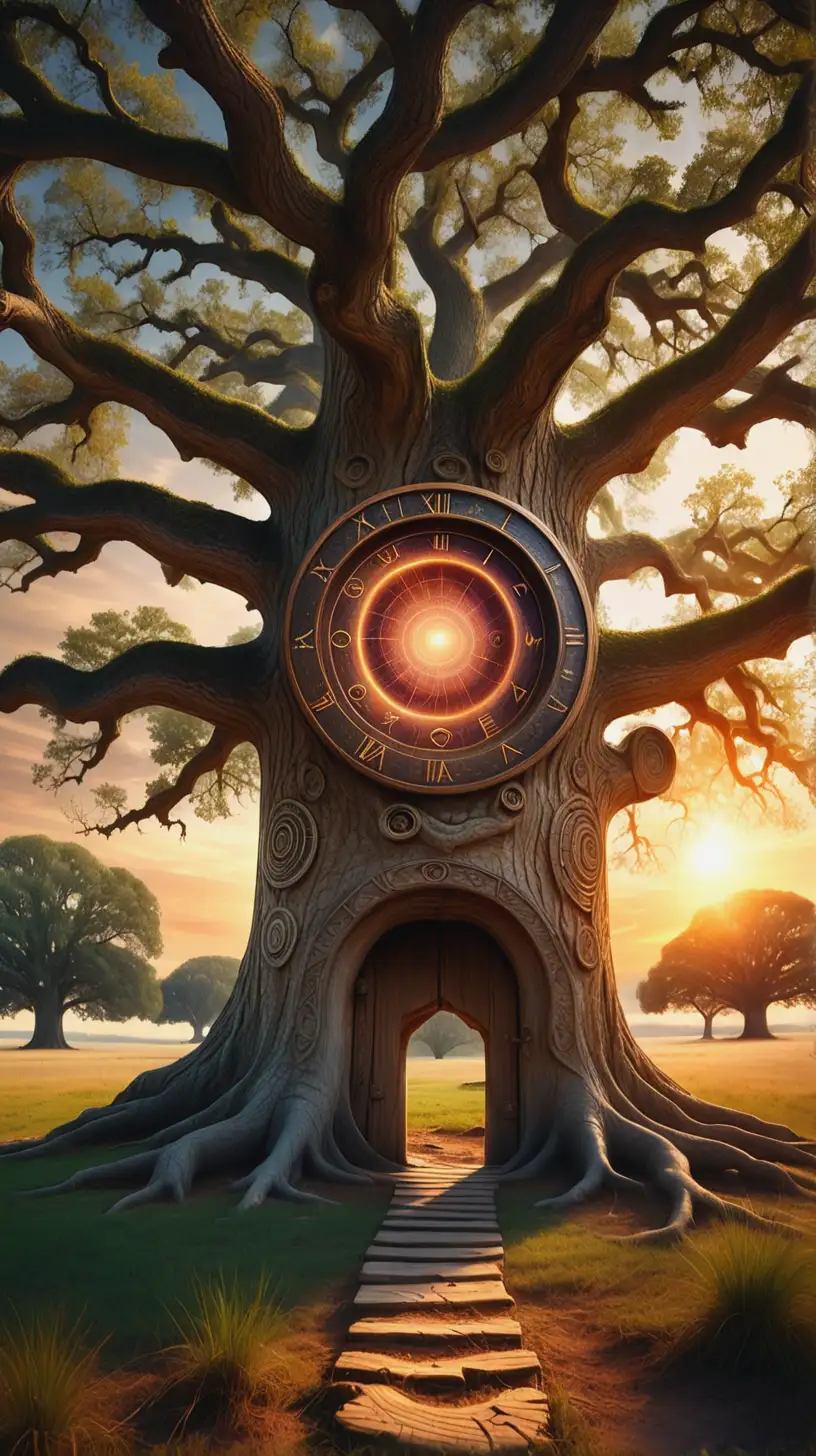 Serene Sunset Landscape with Time Travel Portal in an Ancient Oak Tree