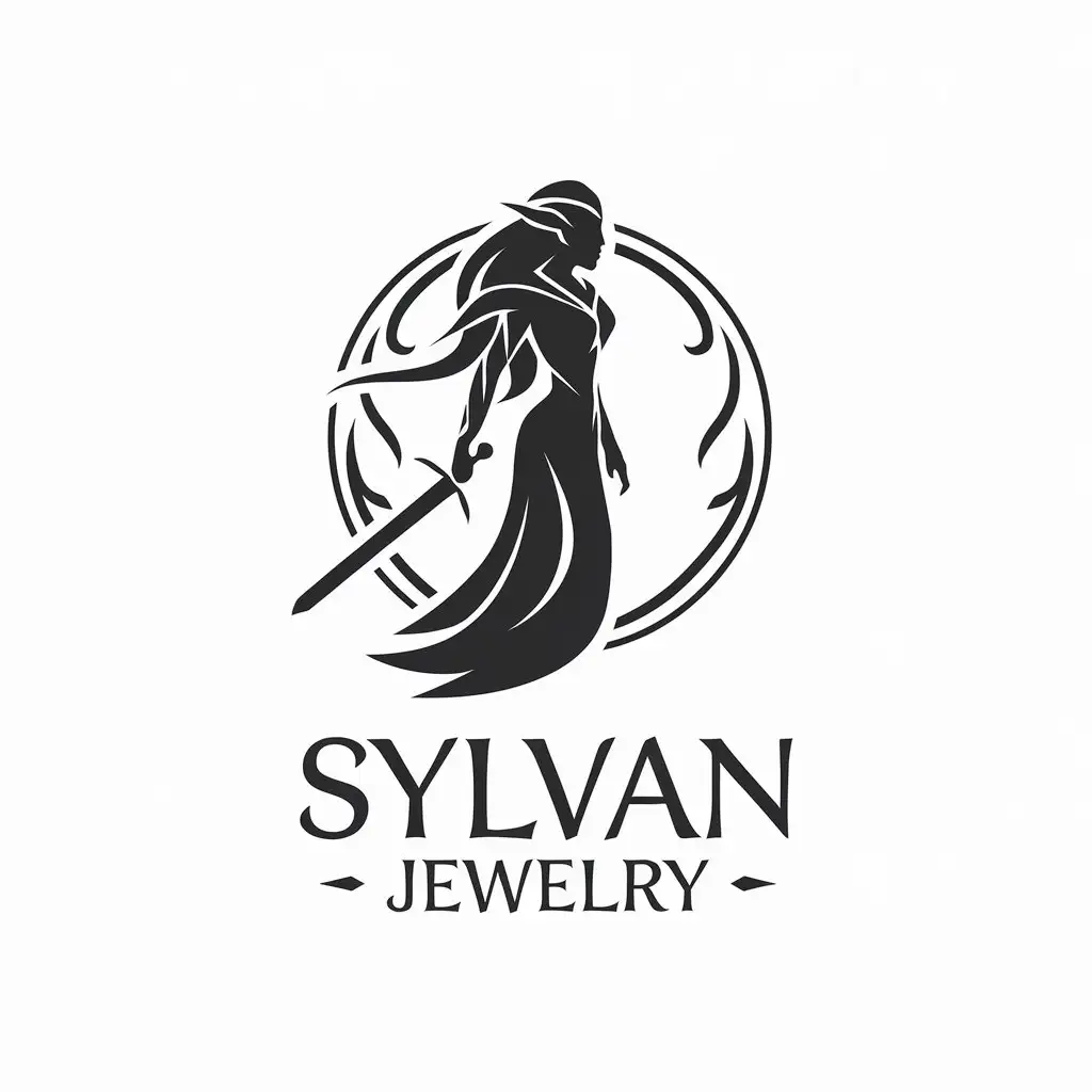 LOGO Design for Sylvan Jewelry Minimalistic Elven Woman with Sword in Vector Style