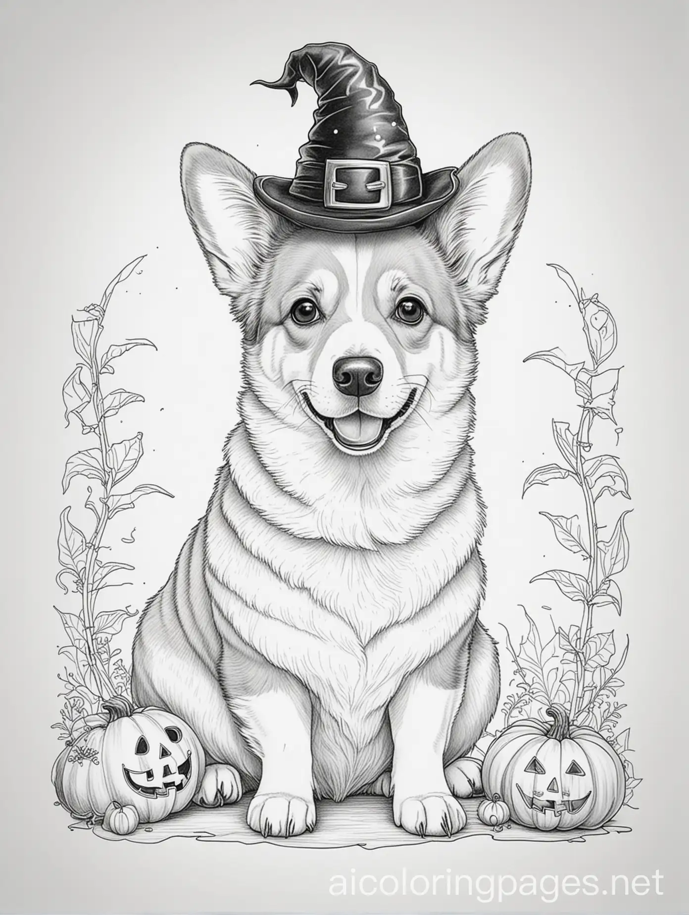 Halloween Corgi, Coloring Page, black and white, line art, white background, Simplicity, Ample White Space. The background of the coloring page is plain white to make it easy for young children to color within the lines. The outlines of all the subjects are easy to distinguish, making it simple for kids to color without too much difficulty