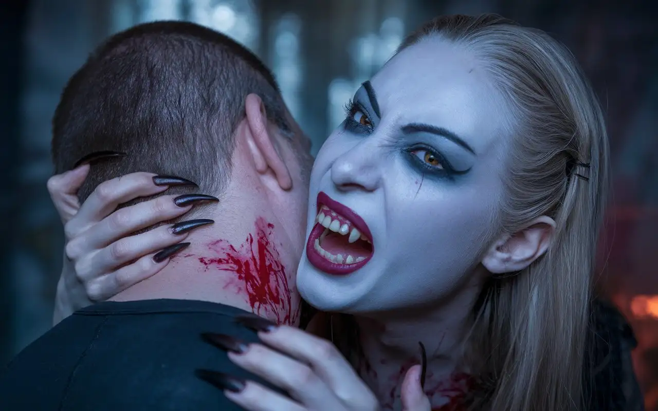 Female-Vampire-Biting-a-Mans-Neck-in-Dark-Dramatic-Scene