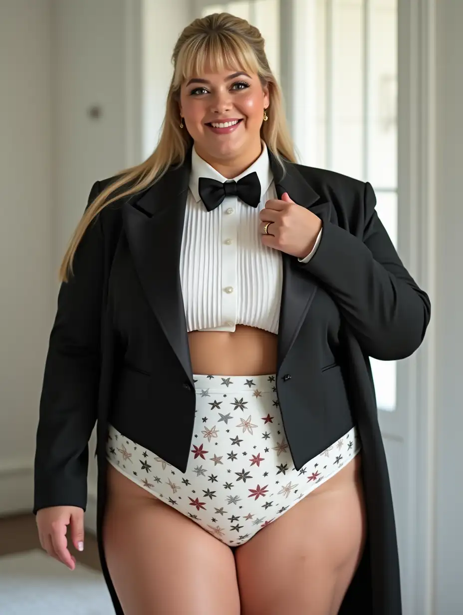 MiddleAged-Caucasian-Woman-in-Formal-Orchestra-Tuxedo-in-White-Bedroom